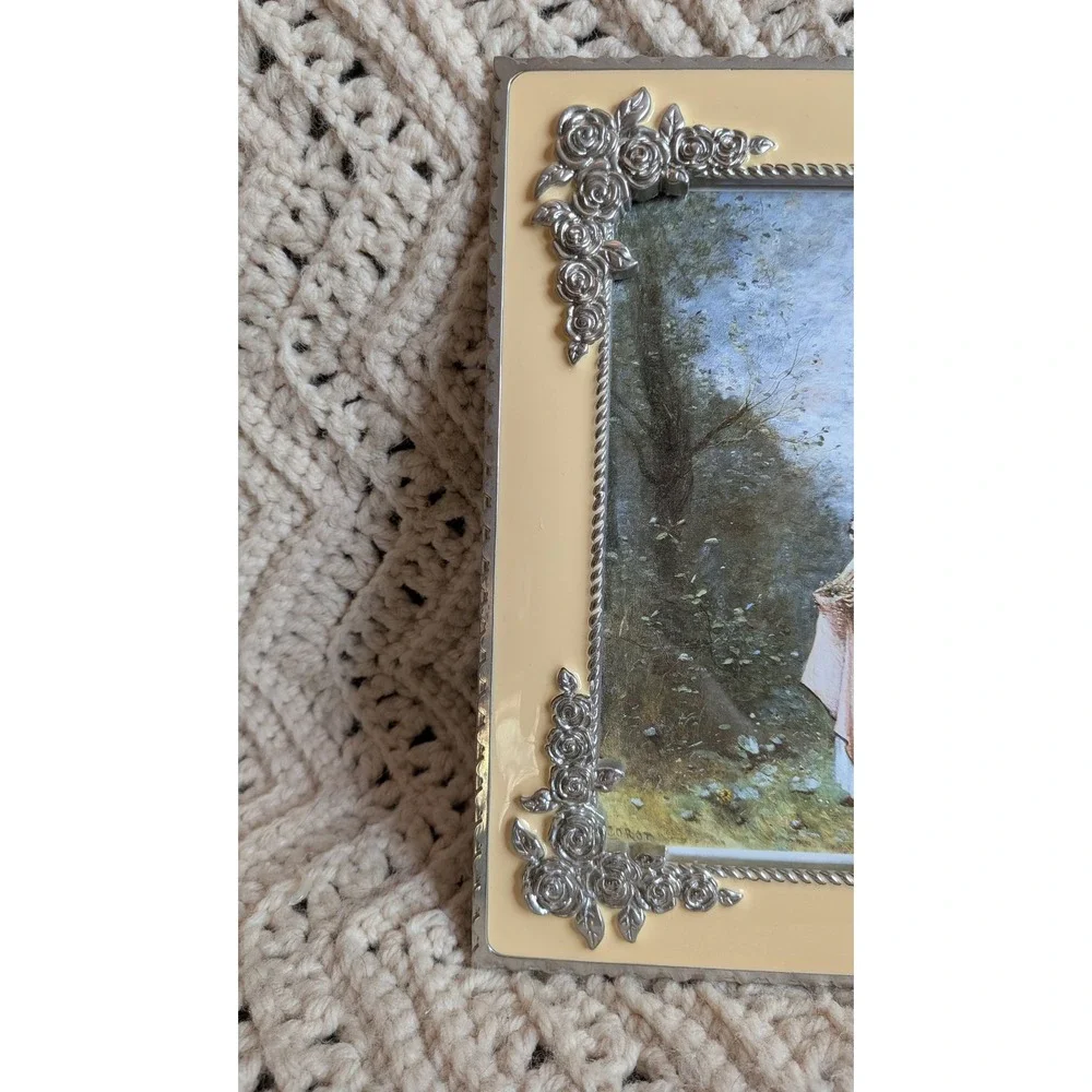 Vintage Enamel Rose Picture Frame 5x7 Silver Tone Floral Cream Yellow Scalloped